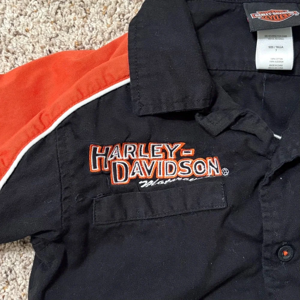 Harley-Davidson‎ Youth Button Front Racing Shirt Black Orange Size 7 Motorcycle